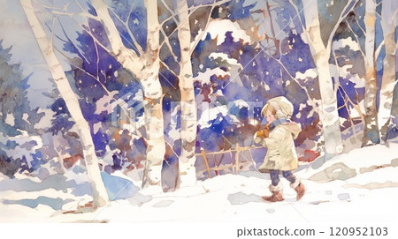 Winter forest | A warm moment for a child walking through the snow 120952103
