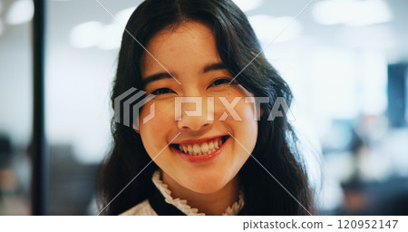 Japanese, business woman and portrait in office with pride, smile and confident as attorney at law. Female person, happiness and professional as lawyer for company, justice or legal firm in corporate 120952147