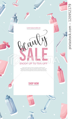 Beauty Sale cosmetics banner for shopping beauty,season, makeup, accessories, equipment,facial, fashion.Vector sale banner with text on skincare stokes background.Good for beauty shops. 120952179