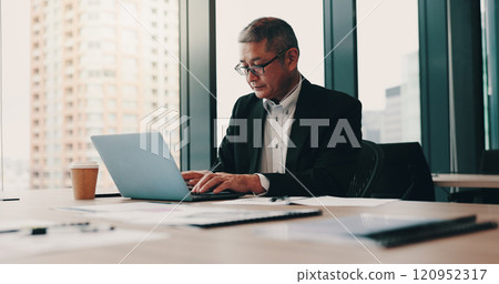Office building, Japanese businessman and laptop with typing, documents or project management as ceo. Mature, male person and paperwork on tech for online, connection and review in company or agency Office building, Japanese businessman and laptop with typing, documents or project management as ceo. Mature, male person and paperwork on tech for online, connection and review in company or agency 120952317