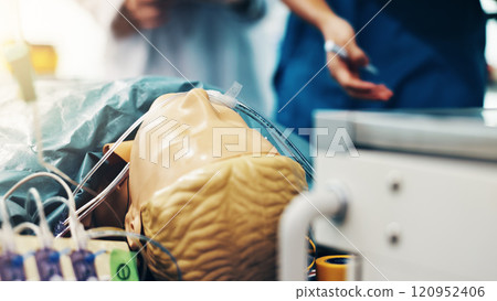 Hospital, learning and mannequin with healthcare training and nursing dummy for anatomy students. College, cpr and Japanese university with wellness, health and study for doctor and surgeon education Hospital, learning and mannequin with healthcare training and nursing dummy for anatomy students. College, cpr and Japanese university with wellness, health and study for doctor and surgeon education 120952406