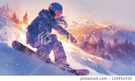 夕陽下的女滑雪者滑下雪山 | 冬季運動和夢幻般的風景 120952450