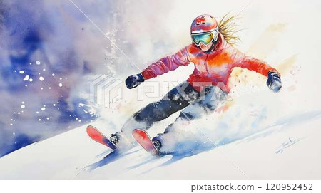 女滑雪板運動員在雪中令人興奮地滑行 | 冬季運動和色彩繽紛的背景 120952452