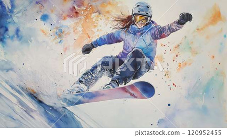 女單板滑雪運動員在雪山上興致勃勃地滑雪 | 冬季活動和夢幻般的背景 120952455