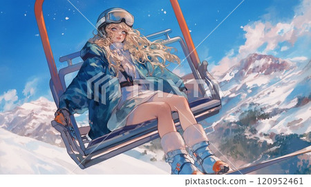 Snowy mountains winter landscape with ski lift and beautiful woman 120952461