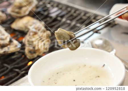 Korean seafood food. Grilled oysters Korean seafood food. Grilled oysters 120952818
