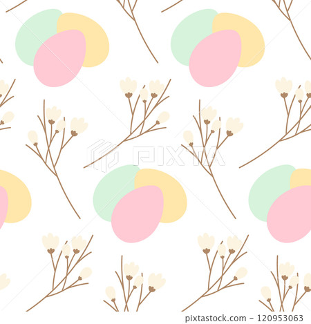 3 Easter Eggs and Blooming twigs Seamless Pattern in trendy pale shades. Easter greeting Background 120953063