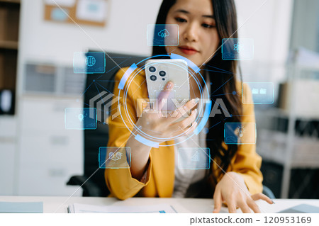 Woman using chatbot in computer and tablet  smart intelligence Ai.Chat with AI Artificial Intelligence, developed by OpenAI generate. 120953169