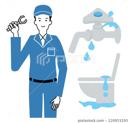 An image of a water faucet leaking and an illustration of a plumber 120953293