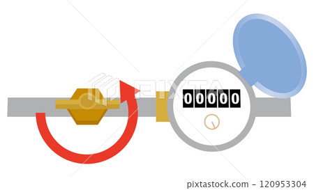 Illustration of a water stop valve installed outdoors being turned off 120953304