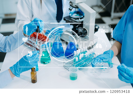 Scientist team with tablet and laptop, laboratory and ecofriendly science. Agriculture, research and scientists with online reading, test samples 120953418