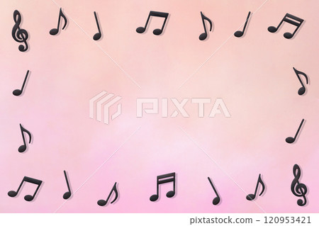 淺粉色背景上帶有木紋圖案的三維音符標記方框 120953421