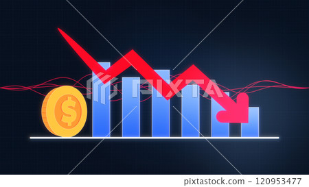 Red Arrow Down Profit Bar chart Graph Stock Money Coin Business Wave Stroke Line 120953477