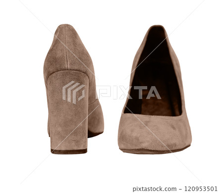 Women shoes pair, heels, front and back view. Velvet suede mocha mousse footwear, isolated on white 120953501