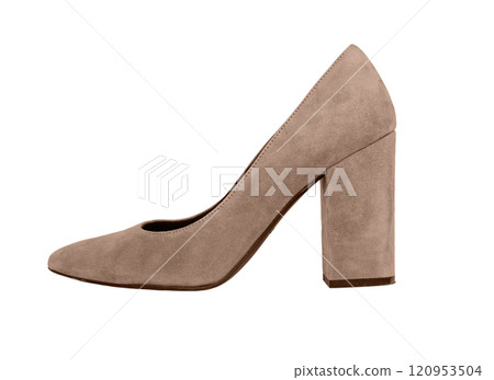 Women suede shoe, heeled female footwear, side view, isolated on white background 120953504