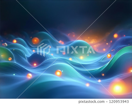 Abstract representation of waves and lights in a digital ocean landscape at dusk 120953943