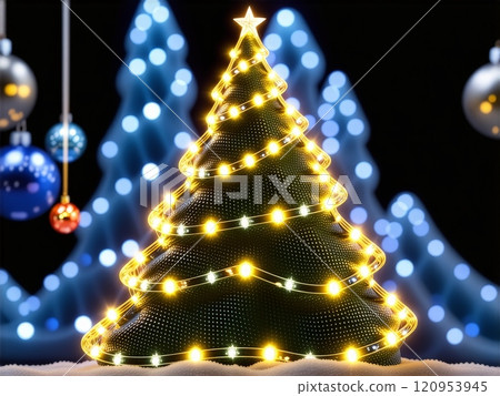 Beautifully illuminated Christmas tree with colorful decorations in a festive setting Beautifully illuminated Christmas tree with colorful decorations in a festive setting 120953945