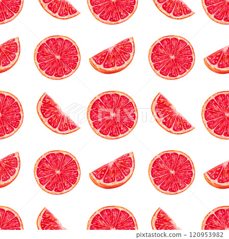 Seamless pattern of grapefruit slices. Watercolor and marker illustration. Eco friendly fruits. Hand drawn isolated art. Red citrus pieces. Background for fabric and kitchen textile, packaging Seamless pattern of grapefruit slices. Watercolor and marker illustration. Eco friendly fruits. Hand drawn isolated art. Red citrus pieces. Background for fabric and kitchen textile, packaging 120953982
