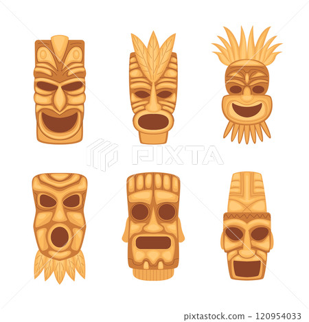 Cartoon Different Gold Tiki Totem Mask Set Tribal Traditional Ritual Totem Concept Flat Design Style. Vector illustration 120954033