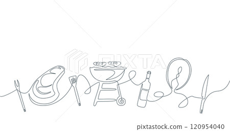 Grill Background One Continuous Line Drawing Sign Emblem. Vector illustration of Summer Party Picnic Element Simple Linear Style 120954040