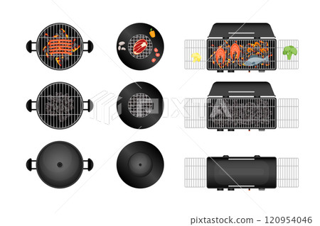 Color Different Barbecue Grill Top View with Coal and Empty Set Summer Party BBQ Picnic Concept . Vector illustration 120954046