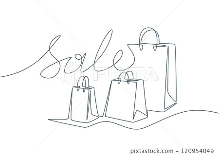 Paper Bag with Sale Lettering Background One Continuous Line Drawing Sign Emblem. Vector illustration of Seasonal Offer Simple Linear Style 120954049