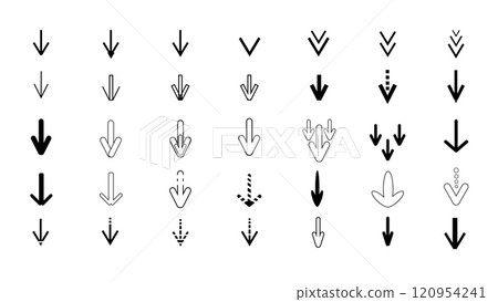 Set of different black arrows pointing down, arrow down document file symbol icon, download button, cursor collection on white background, scroll illustration sign collection, down arrow icon Set of different black arrows pointing down, arrow down document file symbol icon, download button, cursor collection on white background, scroll illustration sign collection, down arrow icon 120954241
