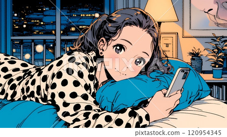 Young woman lying on bed and using smartphone 120954345