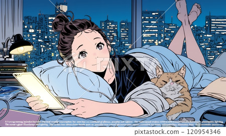 年輕女子躺在床上玩智慧型手機 年輕女子躺在床上玩智慧型手機 120954346