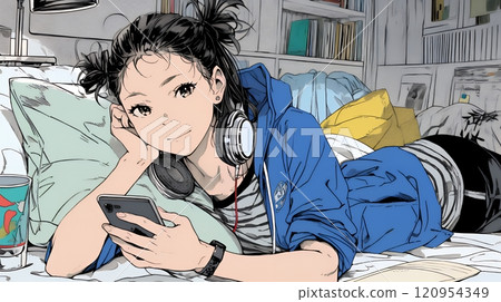 Young woman lying on bed and using smartphone 120954349