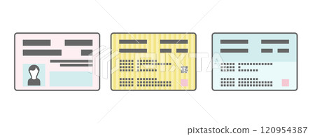Illustration of a My Number card, a conventional health insurance card, and a health insurance qualification confirmation document Illustration of a My Number card, a conventional health insurance card, and a health insurance qualification confirmation document 120954387