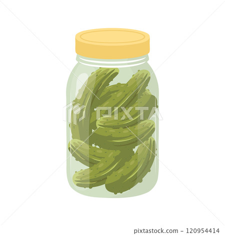 Pickled cucumbers in a glass jar. Canned vegetables. Illustration on a white background. Pickled cucumbers in a glass jar. Canned vegetables. Illustration on a white background. 120954414