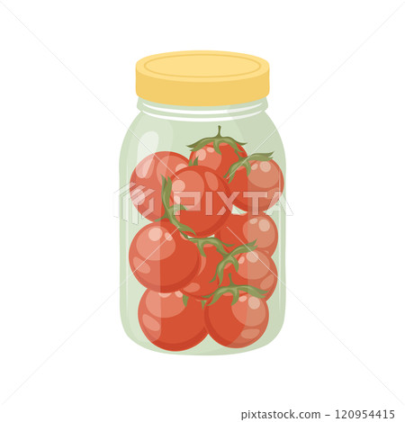 Marinated cherry tomatoes in a glass jar. Canned vegetables. Illustration on a white background. Marinated cherry tomatoes in a glass jar. Canned vegetables. Illustration on a white background. 120954415