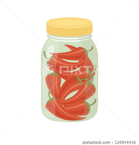 Pickled chili peppers in a glass jar. Canned vegetables. Illustration on a white background. 120954416