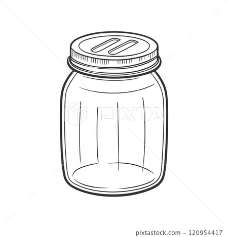 Glass jar with a lid on a white background. Monochrome illustration, sketch. 120954417