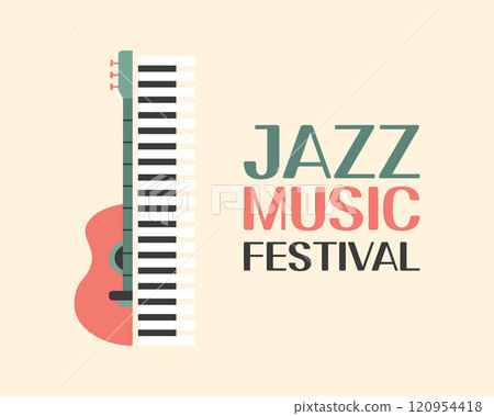 Jazz poster background template for music festival with guitar and piano keys. Event flyer design. Retro style illustration 120954418