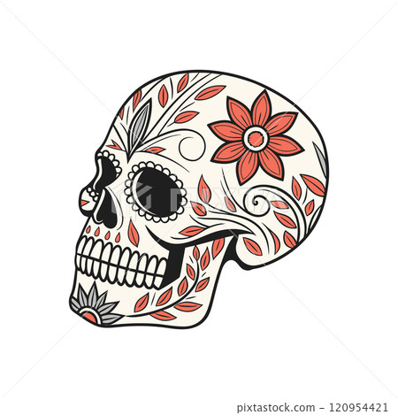 Sugar skull with floral pattern. Design for the holiday day of the dead. Outline illustration. Sugar skull with floral pattern. Design for the holiday day of the dead. Outline illustration. 120954421