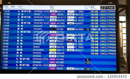 An electronic display board at an airport showing flights canceled due to a typhoon An electronic display board at an airport showing flights canceled due to a typhoon 120954435