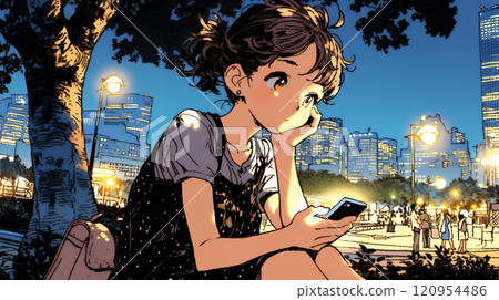 年輕女子外出時擺弄智慧型手機 120954486
