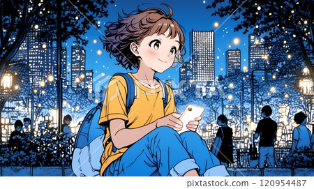 年輕女子外出時擺弄智慧型手機 120954487