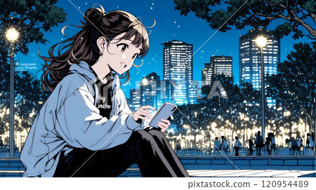 A young woman playing with her smartphone while out and about A young woman playing with her smartphone while out and about 120954489