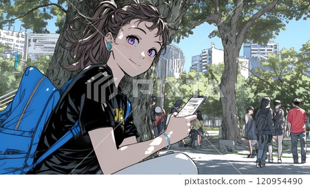 A young woman playing with her smartphone while out and about A young woman playing with her smartphone while out and about 120954490