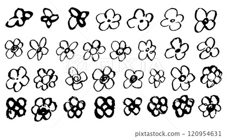 Set of black flowers made in chalk on white background, collection of different types of flowers, grunge elements, blots in the form of flowers, flowers in the form of stamps, flowers drawn in chalk 120954631
