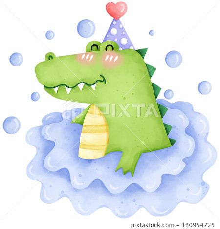 Cartoon crocodile on birthday party, hand drawn watercolor Cartoon crocodile on birthday party, hand drawn watercolor 120954725