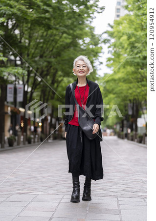 A senior woman with gray hair walking down the street A senior woman with gray hair walking down the street 120954912