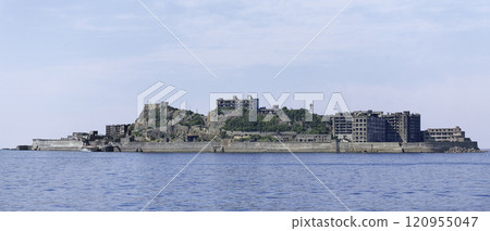Panoramic view of Gunkanjima from the Nagasaki side (composite) 120955047