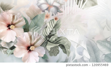 Elegant watercolor hibiscus flowers and green foliage create a soft, dreamy botanical illustration Elegant watercolor hibiscus flowers and green foliage create a soft, dreamy botanical illustration 120955469