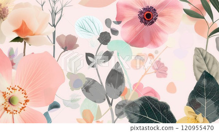 Colorful floral illustration with various flowers and leaves in soft tones on a light pink background Colorful floral illustration with various flowers and leaves in soft tones on a light pink background 120955470