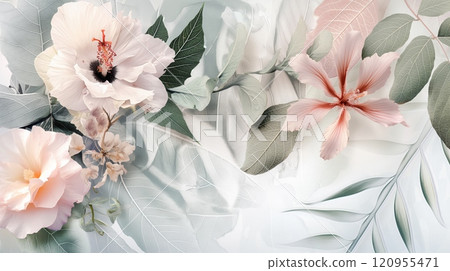 Watercolor hibiscus flowers and green leaves create a soft, serene botanical illustration Watercolor hibiscus flowers and green leaves create a soft, serene botanical illustration 120955471