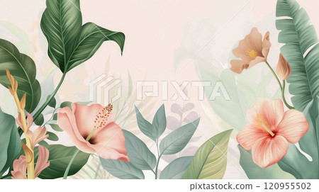Beautiful floral illustration with pink hibiscus flowers and lush green leaves on a soft background Beautiful floral illustration with pink hibiscus flowers and lush green leaves on a soft background 120955502